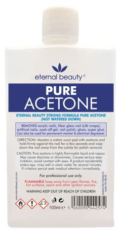 Acetone 100% Pure 100ml Gel Nail Polish Remover for UV/LED, Gel Soak Off, Removes All Types of Nail Polish, By Eternal Beauty