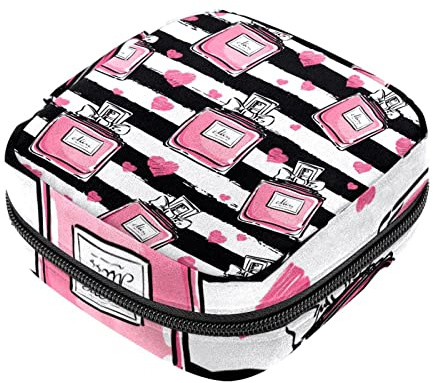 Damenbinde Aufbewahrungstasche, Feminine Produktbeutel Tragbare Periode Kit Tasche für Mädchen Frauen Damen Rosa Parfüm Streifenmuster, Mehrfarbig, 4.7x6.6x6.6 in/12x17x17 cm