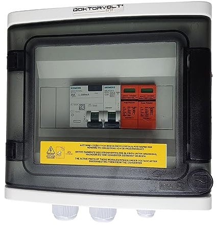 Doktorvolt Solar Anschlusskasten AC SIEMENS LS-Schalter 1P C20A FI-Schalter 25A 300mA Überspannungsschutz T1 T2 Blitzschutz für PV Anlage Photovoltaik 1000V IP65 wasserdicht anschlussfertig verdrahtet