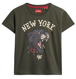 Superdry Damen 90er Jahre T-Shirt mit Tattoo-Grafik Dunkelgrau Grün 44