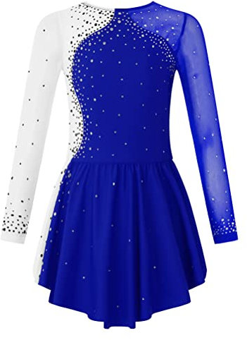 Aislor Tanzkleid Mädchen Pailletten Eiskunstlauf Kleid Kinder Langarm Ballettkleid Tanztrikot mit Rock Kleider Gymnastikanzug Wettbewerb Tanz Kostüme W Königsblau 122-128