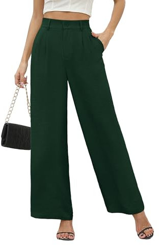 BEIGAI Damen Weite Hosen Lose Lounge High Waist Palazzo Hose Elegant Geschäftliche Arbeit Freizeithose mit Taschen,Dunkel Grün,M