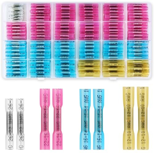 Stoßverbinder 250 Stück 26-10 AWG Schrumpfverbinder, Kabelverbinder Wasserdicht, Stossverbinder mit Schrumpfschlauch, Kabelschuhe Quetschverbinder Set, Rot/Blau/Gelb/Weiß