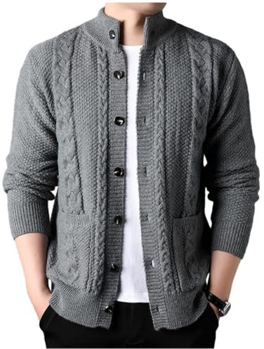 ZWENDE Gestrickte Jacke Herren Frühling Strickjacke Herren Einfarbig Slim Fit Sweater Jacke Herren Revers Knopfleiste Langarm Sweater Herren Mit Taschen Casual Jacke Herren N-Grey 3XL