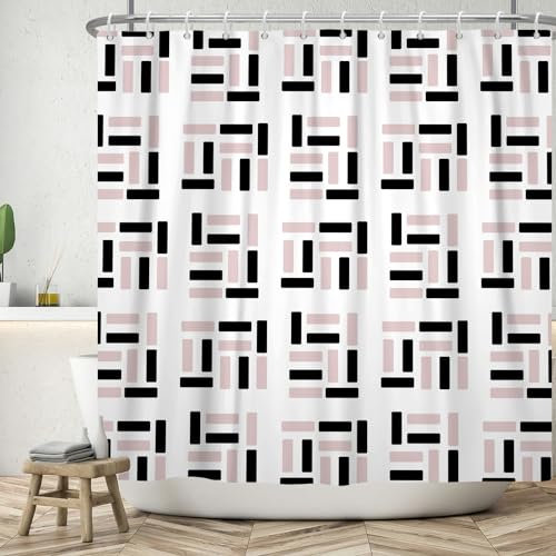 ASDCXZ Duschvorhang 180x180 cm, Modern Minimalismus Rose Schwarz Regel Geometrie Muster Weiß Waschbar Bad Duschvorhänge Polyester Textil Wasserdicht Duschvorhang für Badewanne mit 12 Haken