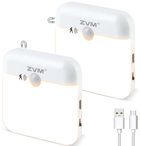 ZVM Night Light with Motion Sensor - 2 Colour Temperatures, Pack of 2 LED Cabinet Lighting Stair Lighting with Motion Sensor, 3000K & 6000K, USB Rechargeable, LED Motion Light