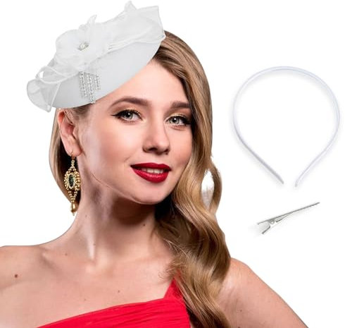 Bohend Fascinator Hut Blume Pillbox Vintage Bogen Derby Hüte Tea Party Hochzeit Strasssteine Haarschmuck für Frauen und Mädchen (Polyester, weiß)