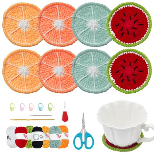 ORIGACH 8 Sets DIY Obst Häkeluntersetzer Set für Anfänger, Teeuntersetzer Häkelset für den Anfang, komplettes Häkelzubehör Werkzeuge zur Herstellung von 8 Getränkeuntersetzern mit Anleitung und Video
