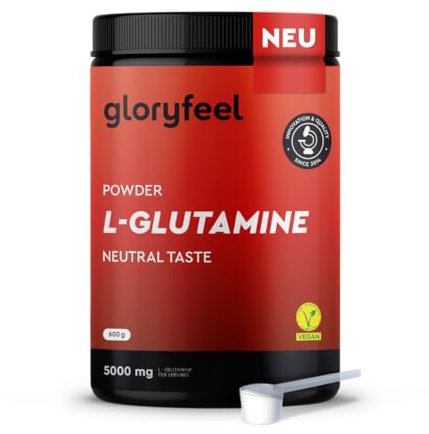 L-GLUTAMINE en Poudre 600g, 5000 mg Hautement Dosé, 100% Pure Glutamine Bioactive, Acide Aminé Essentiel, Goût Neutre, Végane, Sans Additifs et Testé en Laboratoire, Qualité Premium de gloryfeel