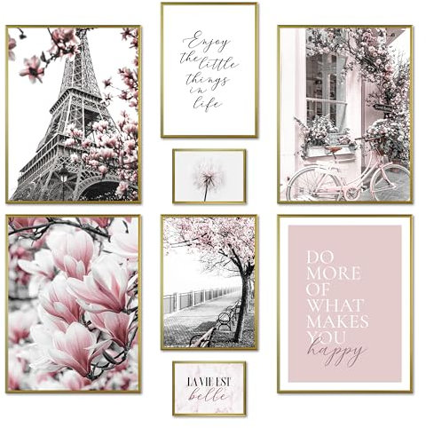 ARTFAVES® Poster Set - SPRING IN PARIS - mehrteilige Wanddeko Wohnzimmer & Schlafzimmer - 8 moderne Wandbilder Frühling, schwarz weiß, rosa, Fashion - mit Rahmen Gold