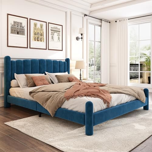 WENCHSH Doppelbett Polsterbett 160x200 cm, Bett mit Kopfteil, Bettgestell mit Lattenrost aus Holz, Samt, Blau, Ohne Matratze