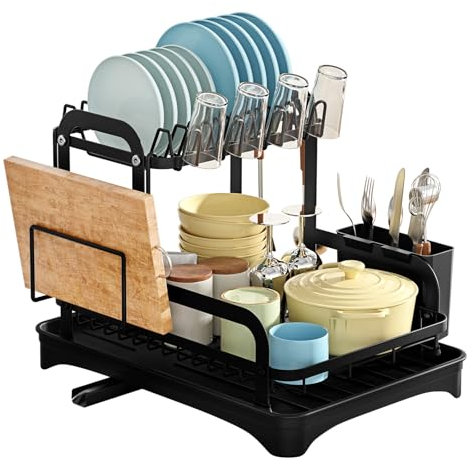 haipky Multifunctional 2-Tier Bowls Dishes Plates Drying Rack with Utensil & Cup Holder, Rustproof, Space-Saving with Drainboard for Kitchen Counter, Black, Stainless Steel