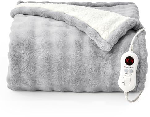 Bwarm Electric Blanket Thick Bubble Flannel Heated Blanket Heated Throw Fast Heating with 9 Heating Levels 1-12 Hours Auto-Off seting Grey(120x160cm)