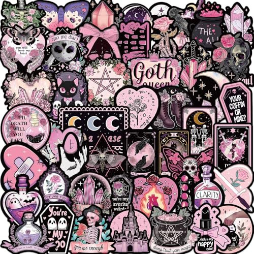 50Pcs Cool Goth Stickers Laptop Car Scrapbook Phone Skateboard Suitcase Luggage Bike Black Pink Gothic Vinyl Waterproof Aesthetic Personalised Stickers for Teens Boys Girls Adults
