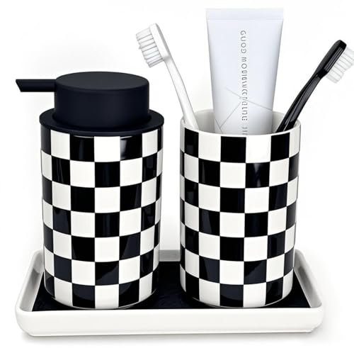 NAKOR HOME Modernes Badezimmer-Set, Keramik, Glasur, Schwarz-Weiß kariertes Zubehör-Set mit Seifenspender, Zahnbürstenhalter und Schminktisch