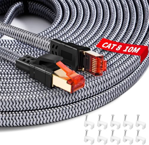 YIIFELL Cable Ethernet Cat 8 10 Metros, 40Gbps 2000MHz Cable de Red Alta Velocidad Cable LAN RJ45 Cable Internet para Router, Switch, Módem, Portátil, PS5/PS4, Smart TV, Xbox