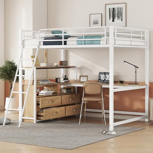 Dolamaní Hochbett Metall 140x200 cm für Kinder Jugendliche Erwachsene,Bett mit Schreibtisch Multifunktionaler Stauraum in Zonen-Regale & Schubladen (Weiß B)