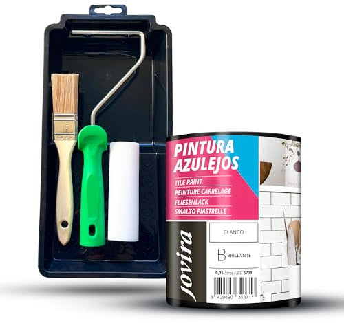 JOVIRA PINTURAS Pintura Azulejos Blanco, Alto Brillo al agua y Minicubeta, Rodillo Espuma, Varilla y Paletina. (750 Mililitros, Pintura Blanco Brillante + Minikit Azulejos) B-10-K