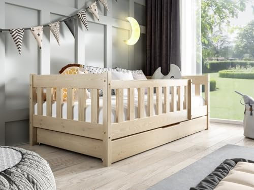 MOEBELPAKET Bambi - Kinderbett 80 x 160 cm mit Matratze und Schublade, Inklusive Lattenrost, Schaumstoffmatratze für Kinder, Farbe: Holz