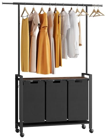 Wäschekorb 3 Fächer, Wäschesammler mit Ablage, Wäschesortierer mit Rollen, Ausziehbarer & Abnehmbarer Wäschesack, Metallrahmen, 3x 49 L, 95x33x176cm, Schwarz