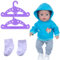 JAWUZ Baby Puppen Puppenkleidung 35-43 cm, Kleidung Outfits für Baby Puppen, 1 Animal Element Kapuzensweatshirt+ 1 graue Hose + 1 Paar Socken +2 Hänger, Puppenkleidungsset Geschenk für Kinder(Blau)