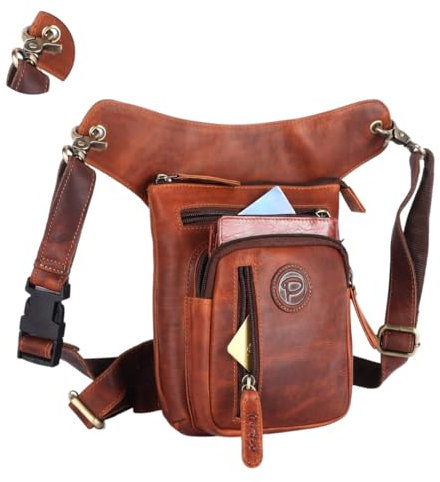 Qivee Pedro Leder Beintasche für Motorrad, Vintage Hüfttasche mit Mehreren Fächern, Braun