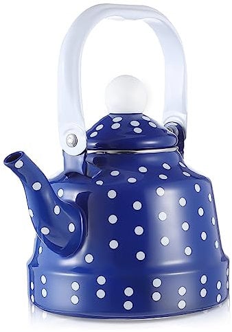OFFSCH Vintage Whistling Kettle 1.1L Blue White Dots Enamel Interior Stovetop Compatible for Tea Lovers for Home and Kitchen