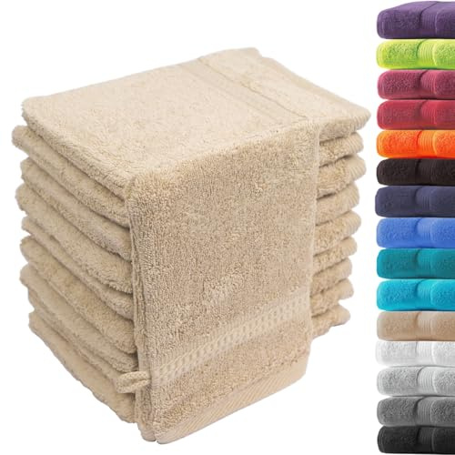 Loomiva 10er Set Waschhandschuhe Waschlappen | 16x21 cm | Beige | Premium Qualität | 500g/m² | 100% Baumwolle | ideal für Reisen & Gym und Sport | Öko-TEX Standard 100