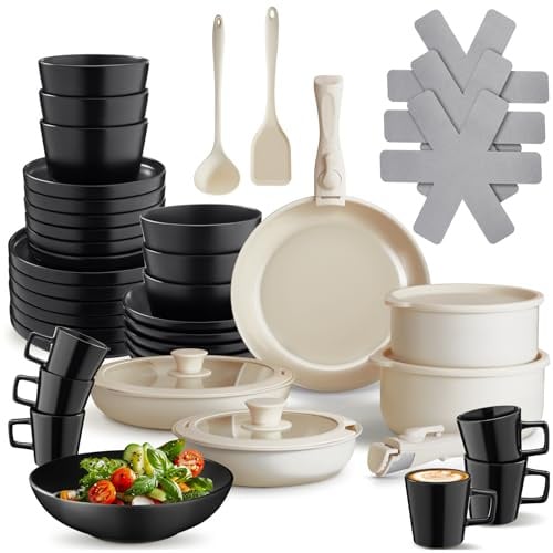 tectake® Küchenstarterset 6 Personen, Steingut Geschirr Set, Teller, 3 Pfannen, 2 Töpfe, rostfreies Aluminium, Kochtopf Set, Töpfe Set, kratzfest, inkl. 5 Küchenwerkzeuge - schwarz/weiß, 46-tlg.