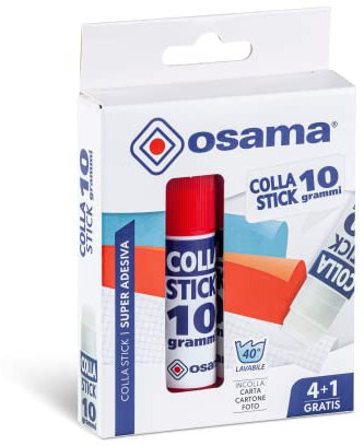 OSAMA - Colla Stick Extra Forte, 4 Pezzi + 1 Gratis, 10 gr - Set Colle Stick Ideale per Cancelleria Scuola, Ufficio e Università - Scorrevole, Resistente e Adatta ai Bambini, Formula Classica