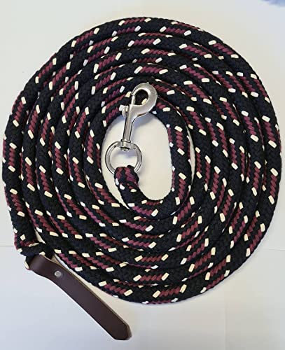 Pferdeseile_DE Bodenleine/Arbeitsseil schwarz-lila-Natur 6,70 mtr - Baumwolle mit Karabiner und Lederklatsche