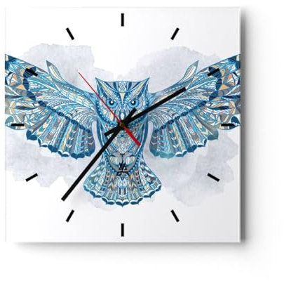 Modern Wanduhr Eule Flügel Tierwelt Grafik 30x30cm Quadrat Klein Wand Uhr Glas Analog Zimmeruhren Küche Büro Wohnzimmer Glasuhr Wall Clock Dekoration Design Wanddekoration Küchenuhr C3AC30x30-3087