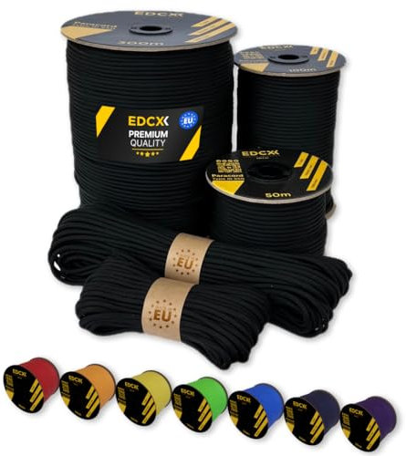 EdcX Paracord 4 mm, 35+ Volltonfarben (10 m, 15 m, 30 m, 50 m, 100 m, 300 m) | Ideal zum Basteln, Camping, Outdoor | 100% Nylonseil 4 mm| Taktische Schnur 550 Typ III (Black, 15 m)