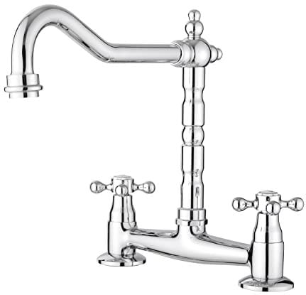 JASSFERRY French Bridge Mixer Tap Classic Fixed 2 Hole Kitchen Sink Faucet Crosshead Handles with Swivel Spout Chrome Polished