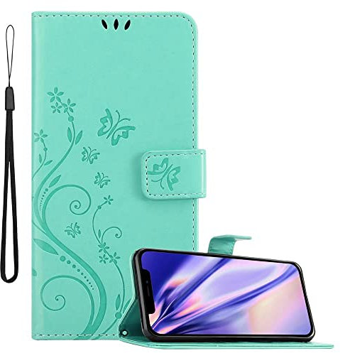 Cadorabo Hülle kompatibel mit Apple iPhone 12 MINI Blumen Design aus Kunst Leder Flip Klappbare Stoßfeste Magnetische [Standfunktion] [Kartenfächern] Cover Hülle für iPhone 12 MINI Tasche in Türkis