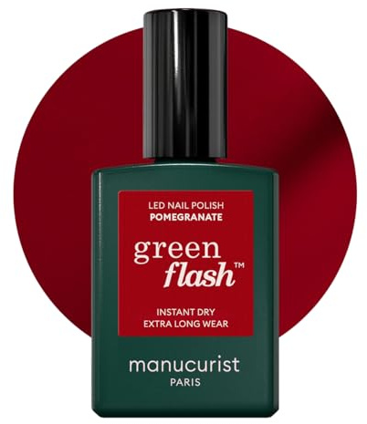 Manucurist Green Flash Pomegranate Raspberry Red LED Gel Nail Polish | LED gel polish and semi-permanent nail varnish, UV nail lamp compatible. 12-free, bio-sourced, vegan, Made in France, 15 ml
