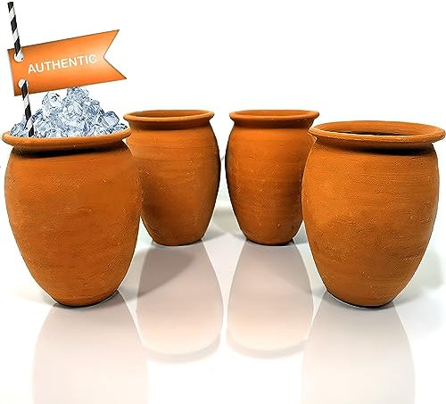 Alondra's Imports (TM) Handgefertigte natürliche Tonbecher aus Mexiko (Cantaritos Mexicanos, Fiesta Mexicana) für heiße und kalte Getränke (Cocktailgläser für Tequila, Mojitos & mehr), 4er-Set