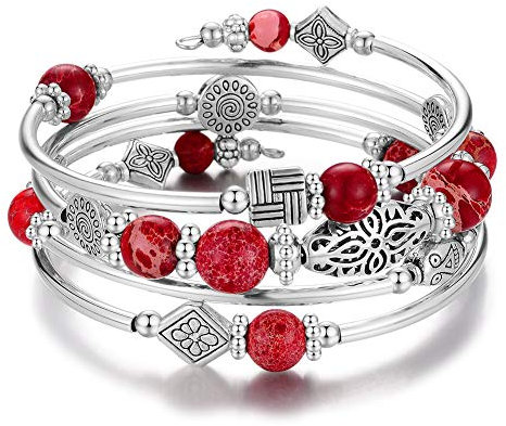 Bulinlin Damen Wickelarmband aus Natur Achat Stein Mehrschichtiges Perlen Silber Armkette Valentinstag Modeschmuck Geschenk(Imperial red)