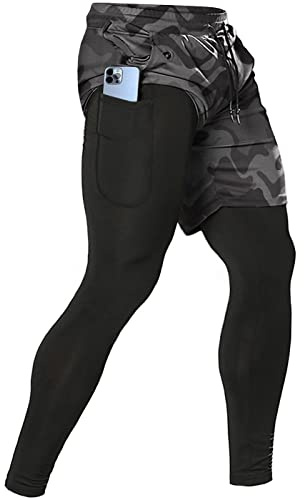 Aolesy Men's 2 in 1 Running Pants, Gym Workout Compression Pants for Men Training Athletic, Camoblack, X-Large