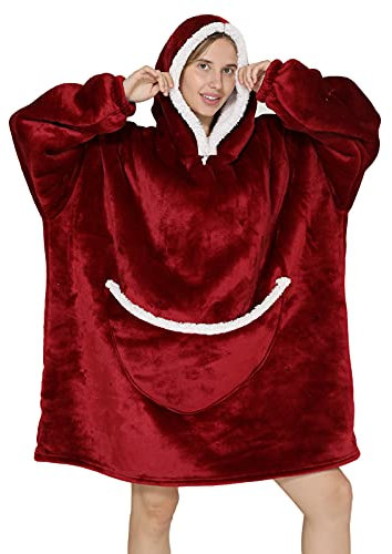 Coperta oversize con cappuccio – Coperta in pile Sherpa indossabile unisex, taglia da adulto, modello felpa gigante soffice e confortevole con cappuccio, Rosso vinaccia,