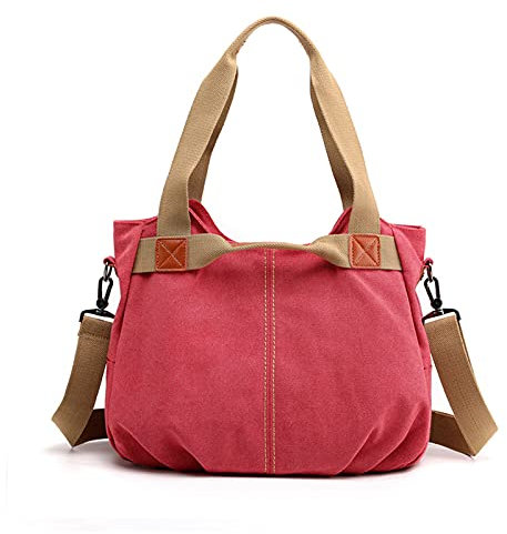 FANDARE Leinwand Handtaschen Schultertasche Damen Umhängetasche Vintage Frauen Arbeitstasche für Shopper Reisen Crossbody Messenger Bag Rot