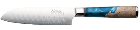 Katana Saya Elements 12 cm Santoku Knife, Ocean Blue - High Carbon VG-10 Damascus Steel for Extreme Toughness & Sharpness – Natural Olivewood & Resin Handle