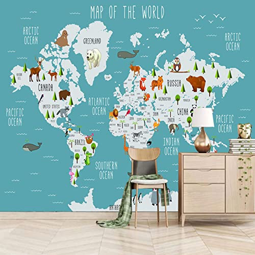 WWQAYZ Wallpaper Carte du monde et animaux Papier Peint Chambre Papier Peint Mural Panoramique Decor Mural Papier Peint Papier Peint Enfant 250x175 cm