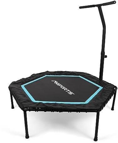 Fitness Trampolin Premium mit Klappfunktion und Haltestange für Indoor und Outdoor | mit Höhenverstellung 150 kg Belastbarkeit | Fitnessstudio oder zu Hause (Blau)