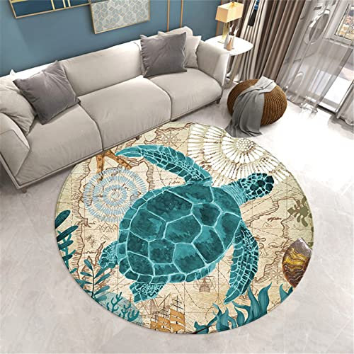 Runden Kinder Teppich 3D Ozean Meeresschildkröte Seestern Drucken Haus Dekoration Schlafzimmer Nachttisch Kindergarten Krabbelmatte Flanell Rutschfest Waschbar Fußabtreter (Farbe 1,140 cm)