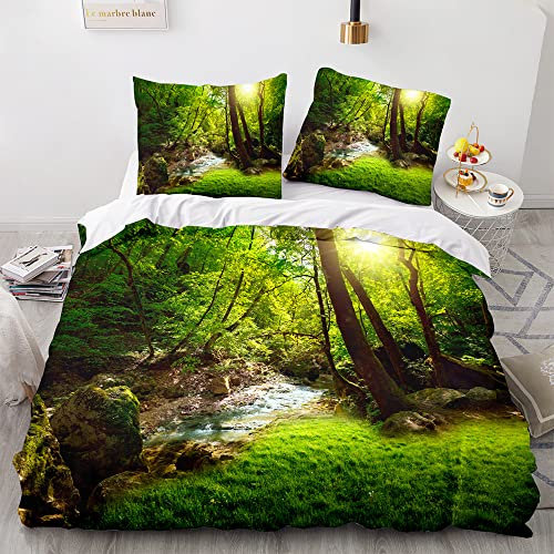 Morbuy Weiche Bettwäsche aus Mikrofaser Bettbezug 135x200 155x220 200x200 220x240 mit Reißverschluss + Kissenbezüge 80x80 cm, Wald Drucken Bettwäsche-Set (135x200cm,Wald Bach)