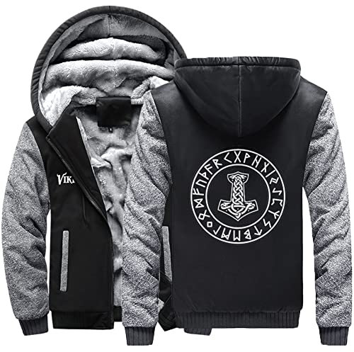 WDBAYXH Thor's Hammer Runes Thick Fleece Zip Hoodie, Winter Heavyweight Warm Camouflage Sleeve Big Pockets Sweatshirt, Viking Mjolnir Celtic Pagan Casual Jacket Streetwear,Black Gray,XXL