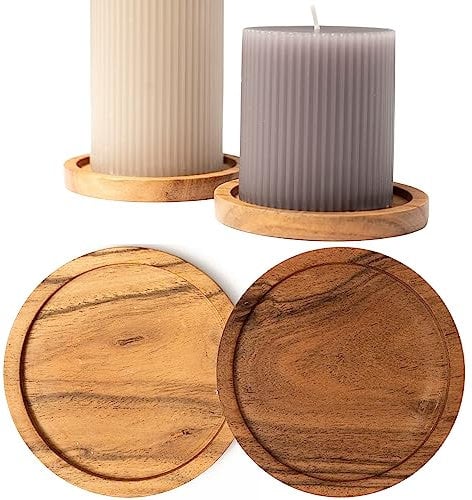 Plogis Platos redondos de madera de acacia – Juego de 2 platos para velas de hasta 10 cm de diámetro, plato/portavelas de madera, 9 cm y 10 cm