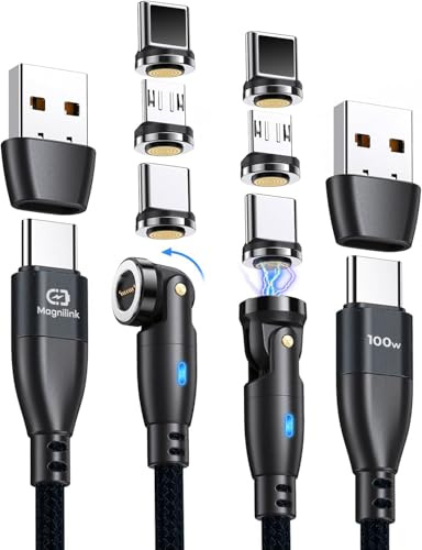 Magnilink 360 PRO - Caricabatterie magnetico USB-C da 100 W (confezione da 2), cavo di ricarica magnetico 6 in 1, ricarica rapida e dati, funziona con i-Products, Type-C e Micro USB (onyx Black)