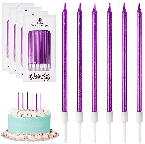 DONQL Bougies de gâteau d'anniversaire, Bougie anniversaire longue avec supports, Bougies fine pour enfants et adultes pour gâteau d'anniversaire décoratif, fête prénatale, fête de fille (24 pièces)